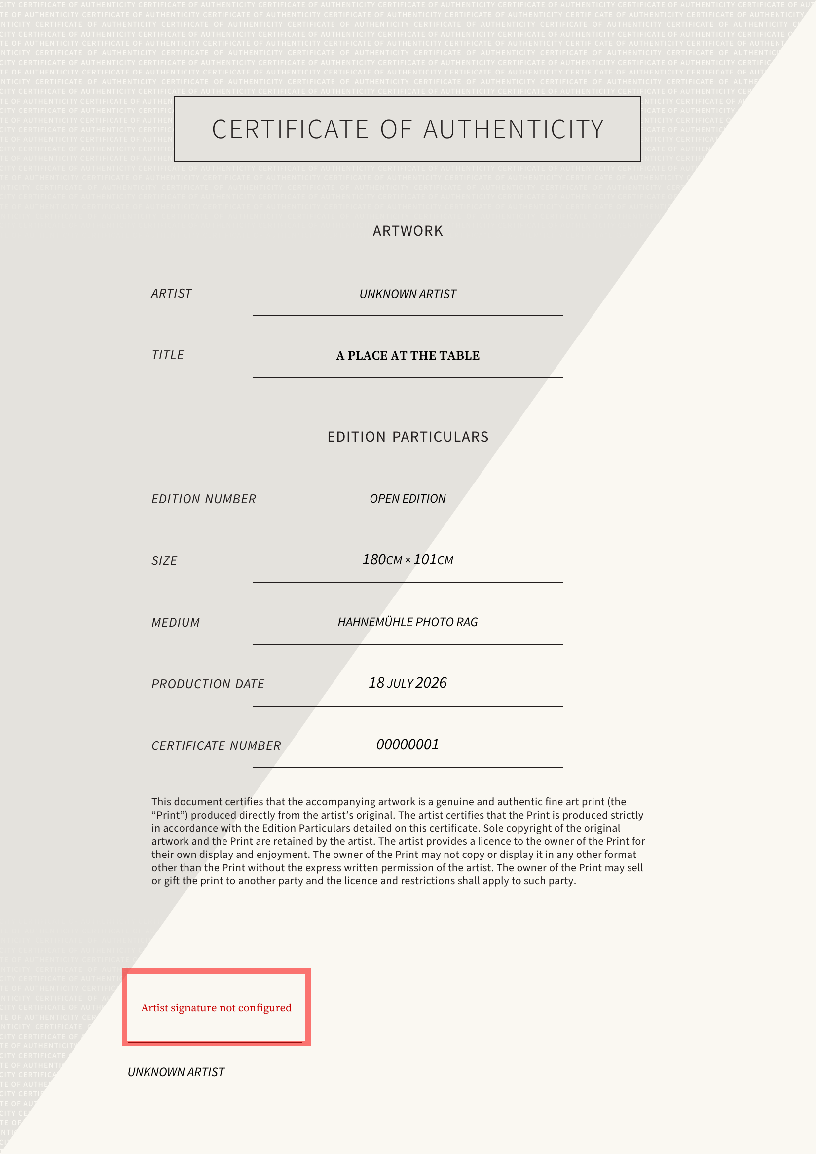A place at the table — Certificate of Authenticity