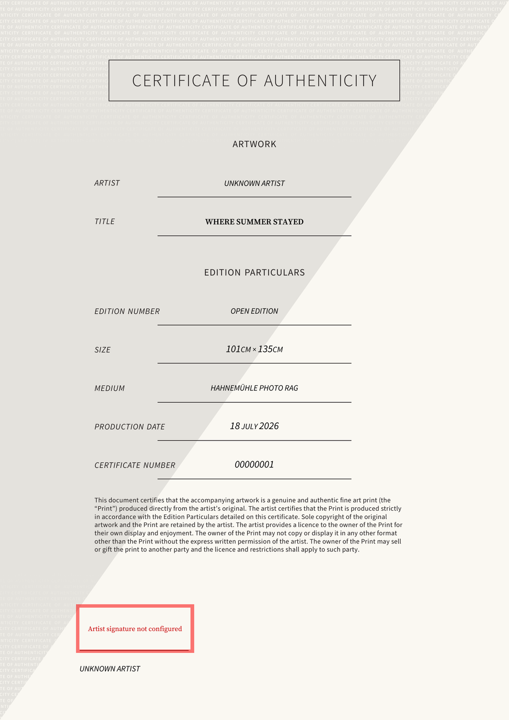 Where summer stayed — Certificate of Authenticity