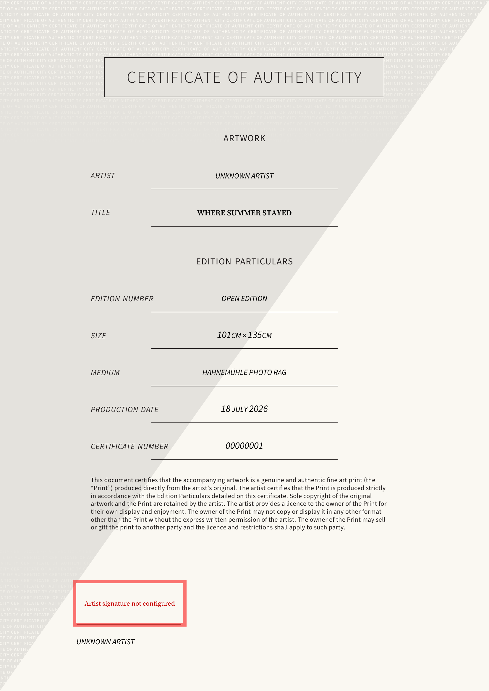 Where summer stayed — Certificate of Authenticity